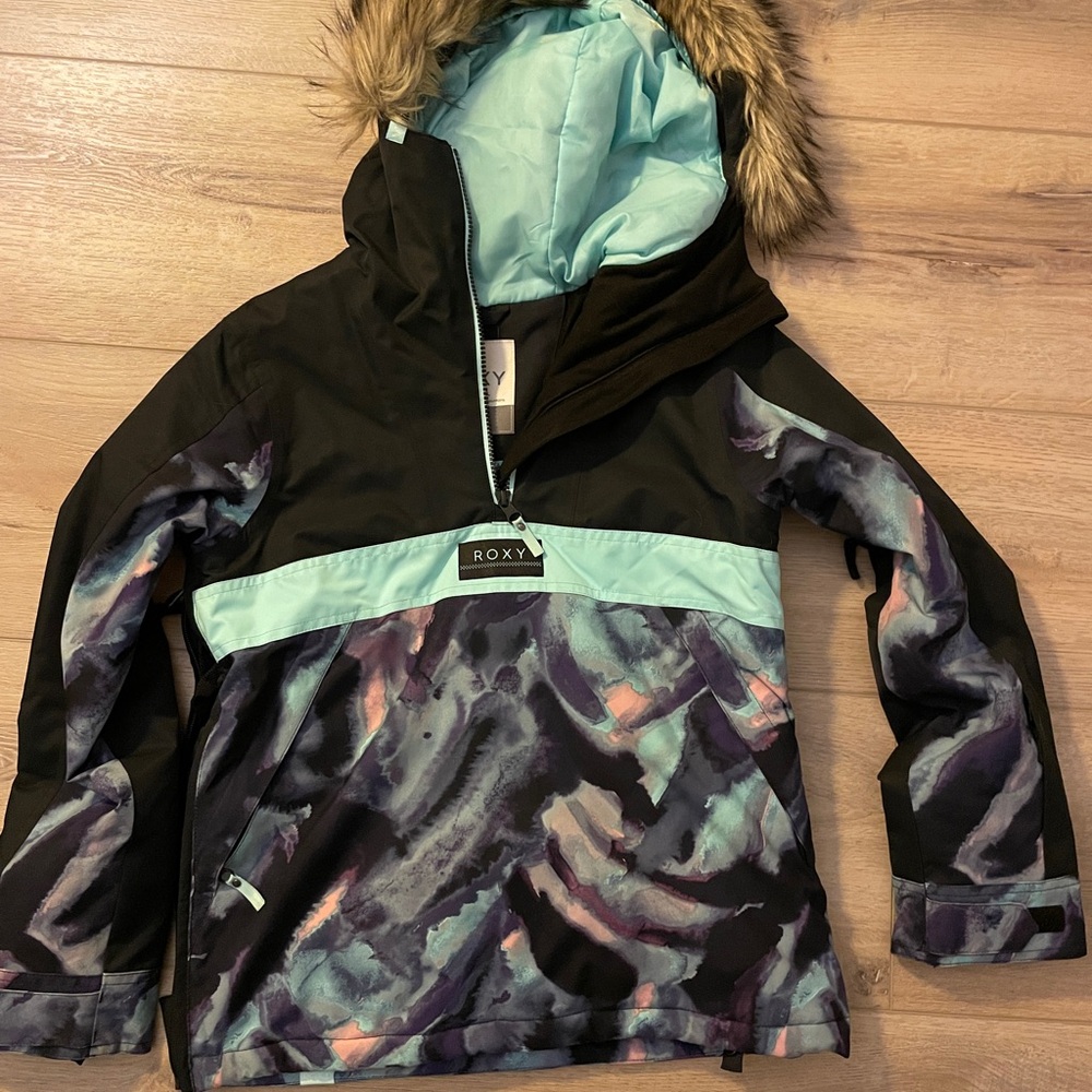 Roxy Black and Aqua Hooded Jacket with Fur Trim